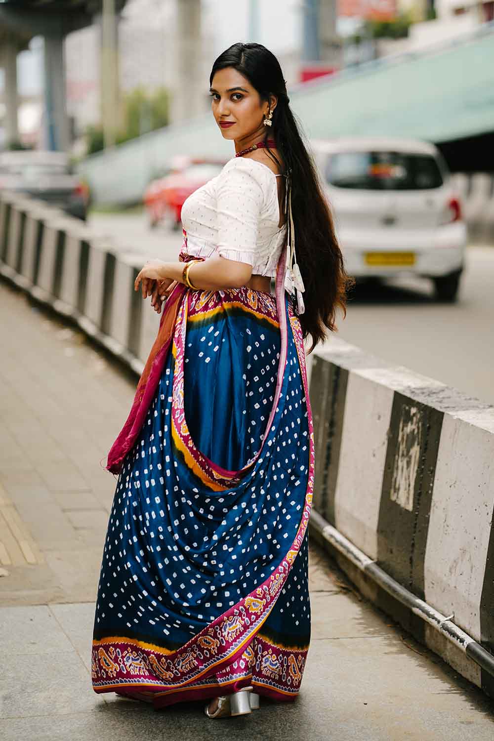 Cobalt Blue Mashewari Silk Bandhini Saree