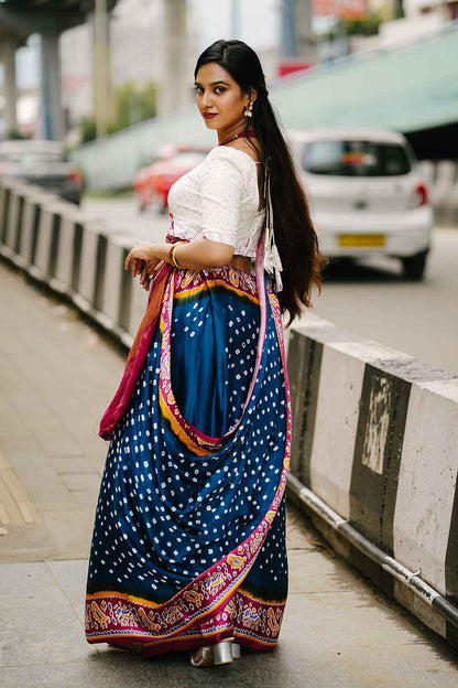 Cobalt Blue Mashewari Silk Bandhini Saree