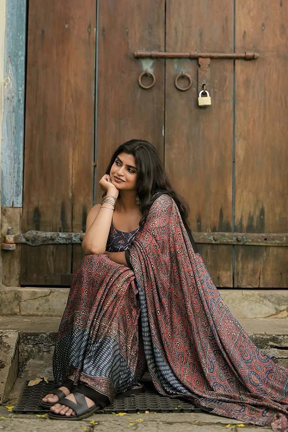 Ajrakh Hand Block Print Saree
