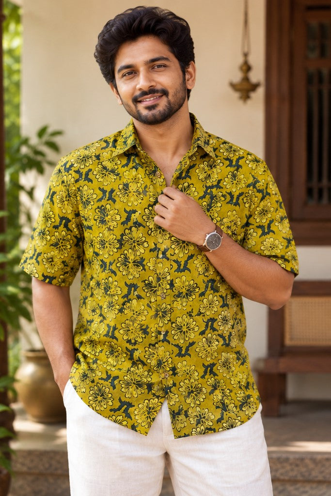 Yellow Base Leaf Like Print Modal Silk Shirt