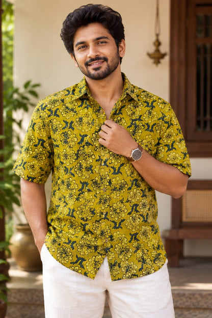 Yellow Base Leaf Like Print Modal Silk Shirt