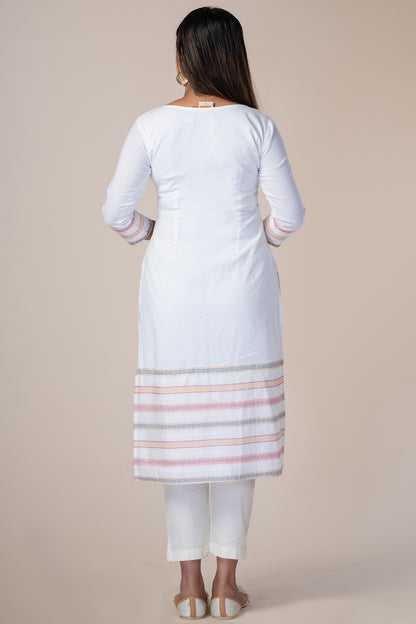 White Kantha Kurthi with Multicolour Lace