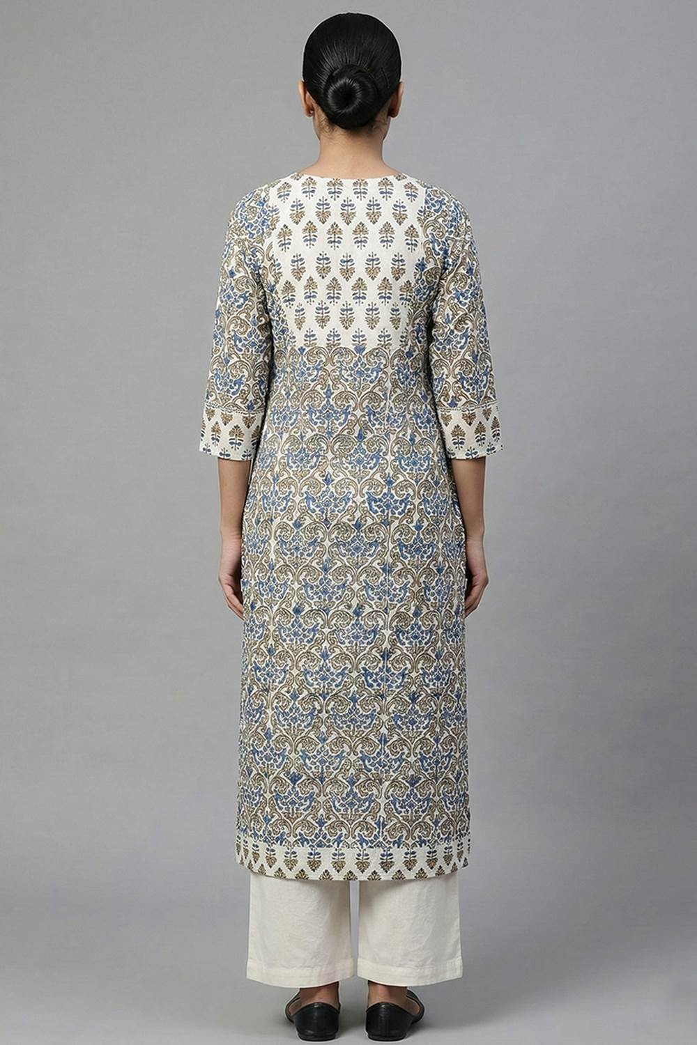 Offwhite Jali Print Slited Kurti with Floral Yoke Neck