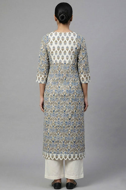 Offwhite Jali Print Slited Kurti with Floral Yoke Neck