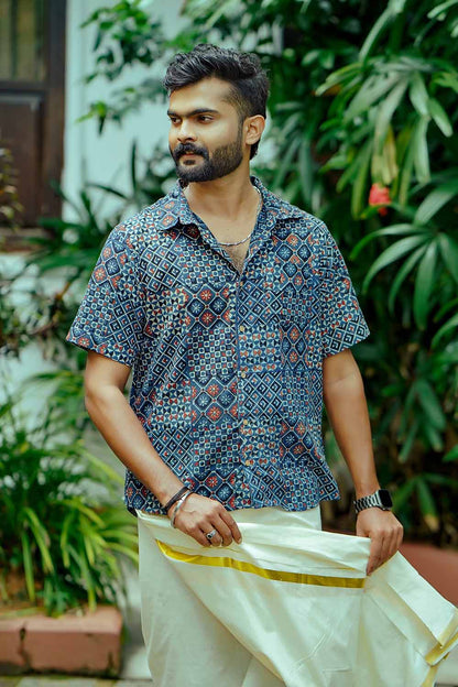 Blue Ajrakh Box Print Half Sleeve Shirt