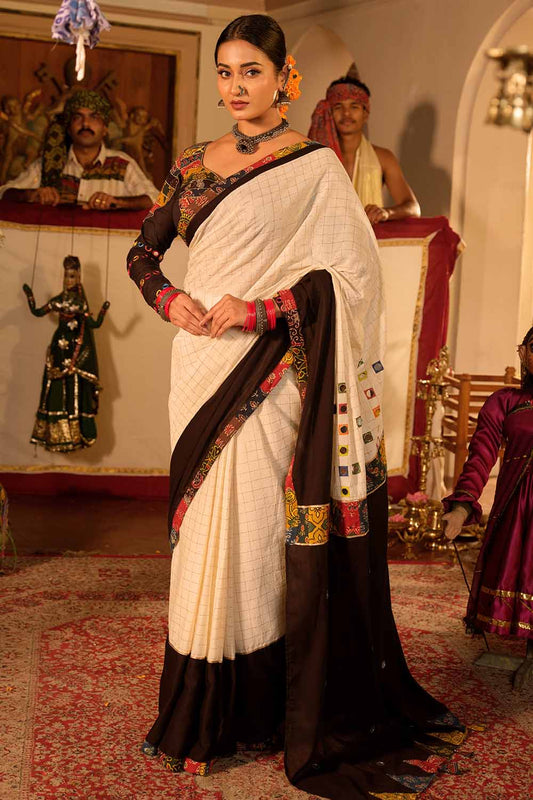 Golden Check Zari Saree With Black & Ajrak Multi Patch