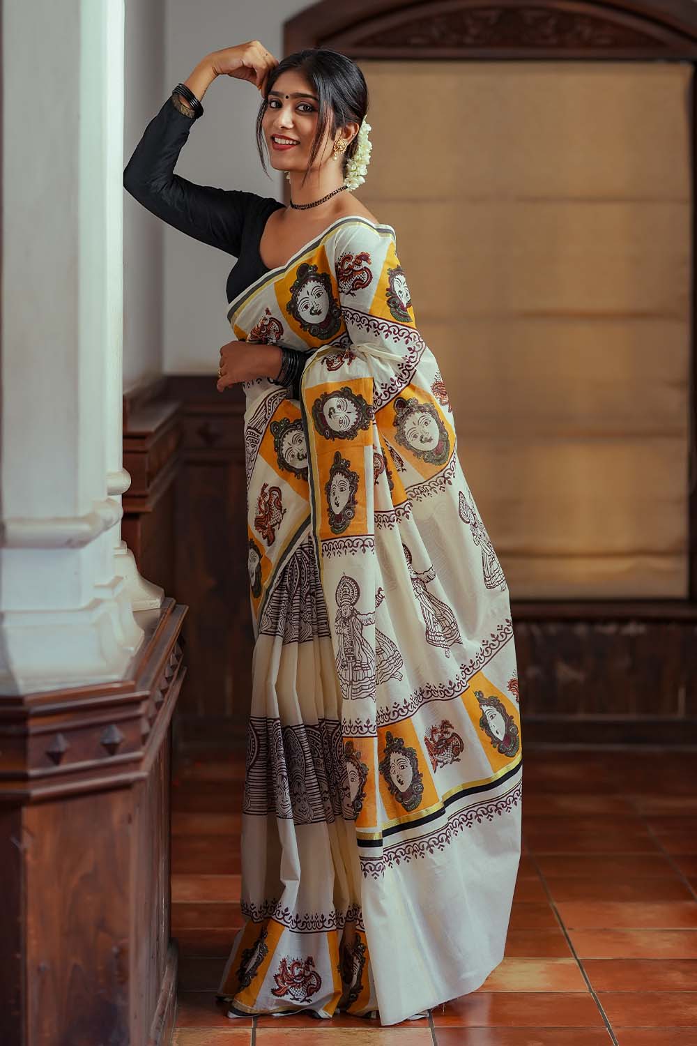 Offwhite Black & Gold Border Kadhakali Print Set Saree