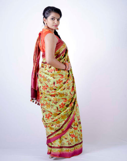 Linen By Linen Green With Violet Floral Hand printed Saree