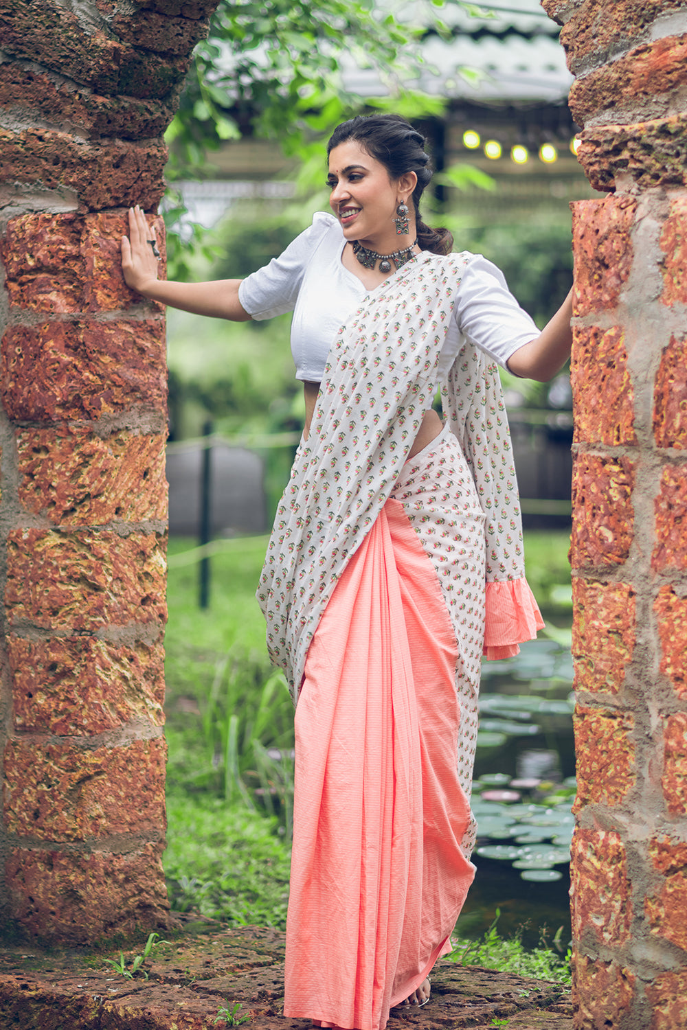 Peach & White Sanganeri Ruffled Pallu Saree