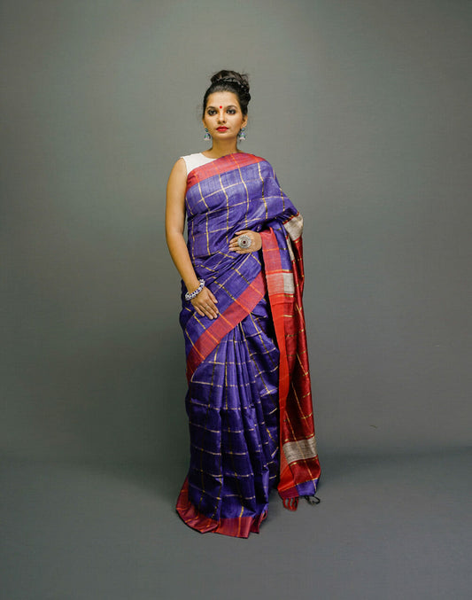 Tussar Dupion Handloom Saree With Red Violet  Body