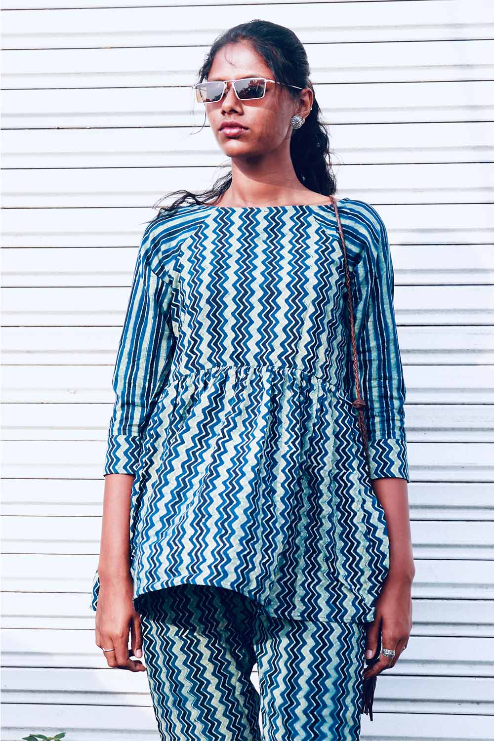 Blue & Green Ajrakh Zig-Zag Peplum Top