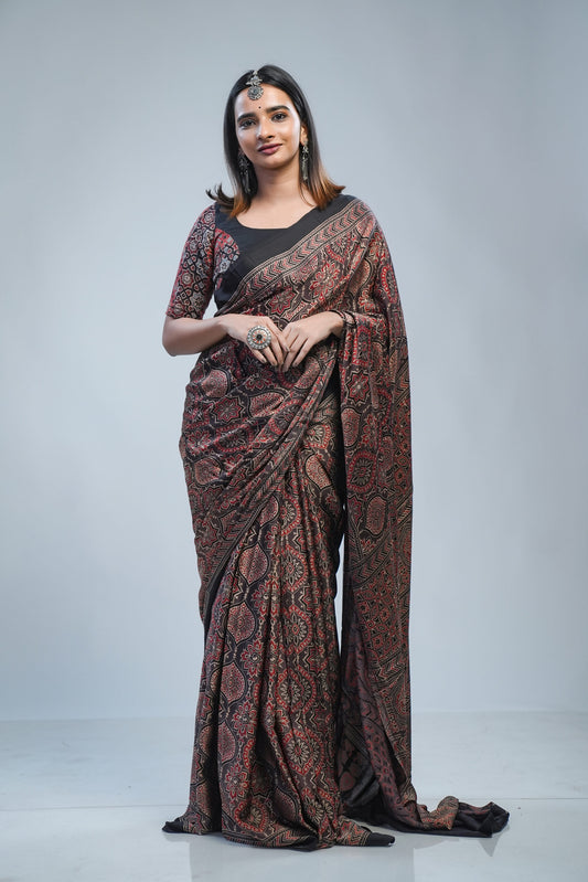 Ajrakh Printed Modal Silk Big Maroon Floral Printed Saree