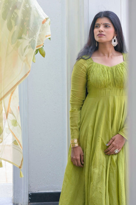 Green Mul Chanderi Umbrella cut Dress