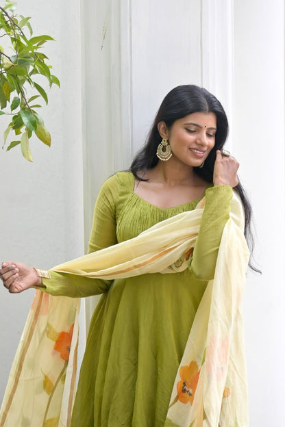 Green Mul Chanderi Umbrella cut Dress