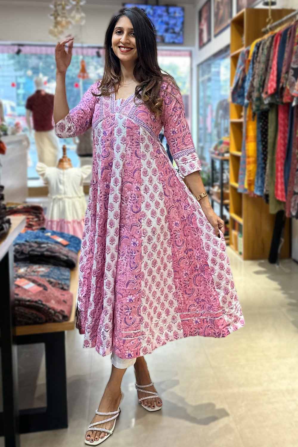 Pink & White Sanganeri Anarkali