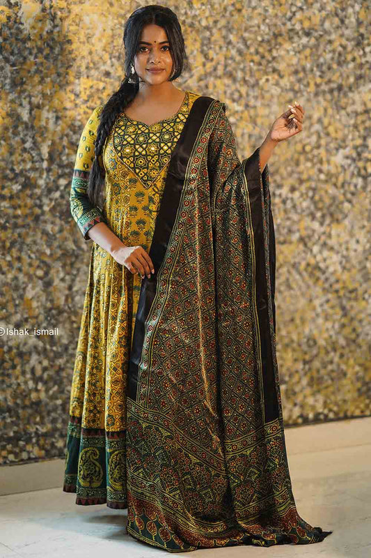 Yellow & Green Ajrakh Anarkali with Paisley Border