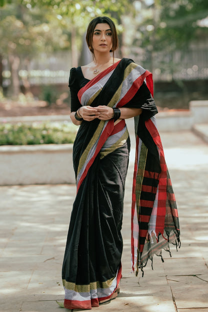 Narayanpet Black Saree with Red & Grey Borders