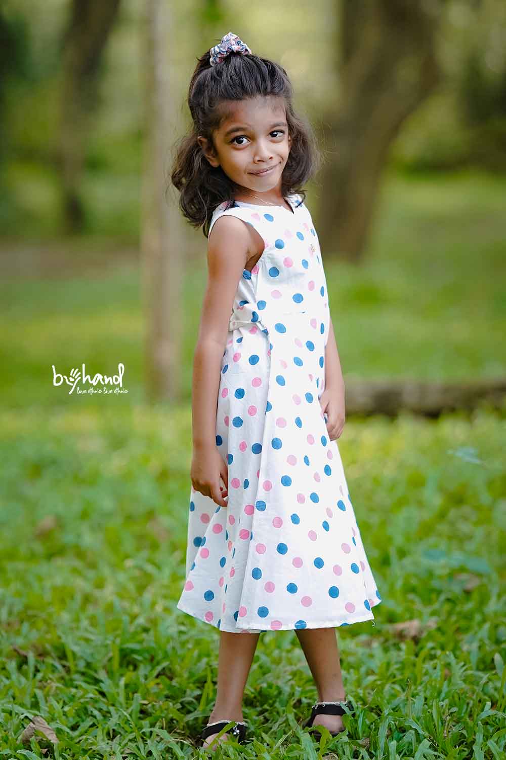 Pink and blue polka dot umbrella dress