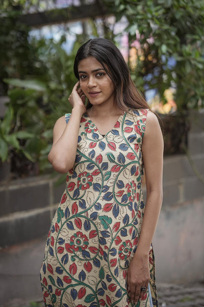 Baige Base Red & Green Floral Print Kurti
