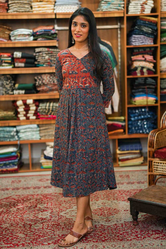 Offwhite Aline Kurti with Banana leaf Block Print