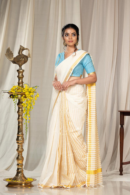 CM Kerala Saree palin body with stripe pallu & pleat