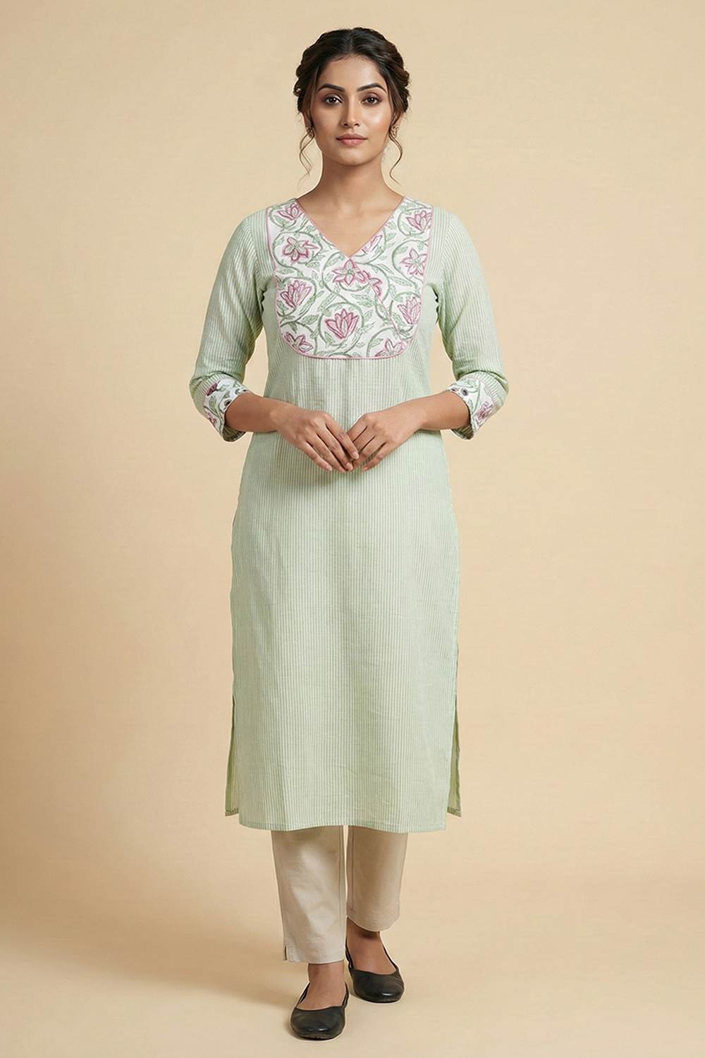 Green Handloom Stripe Kurti with Printed Yoke