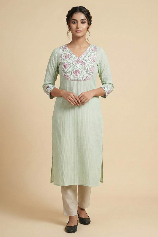 Green Handloom Stripe Kurti with Printed Yoke