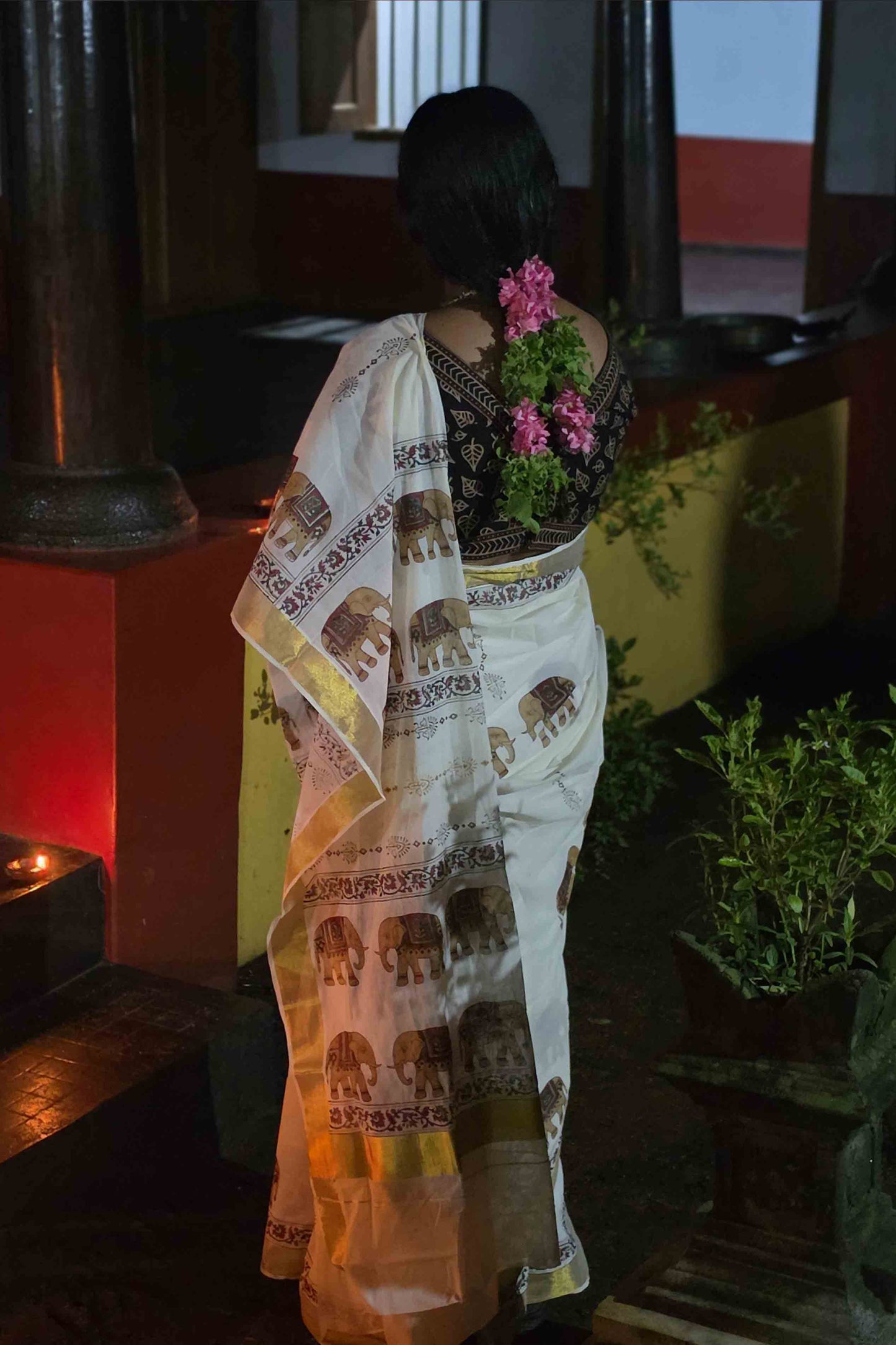 Offwhite Saree with Elephant Print