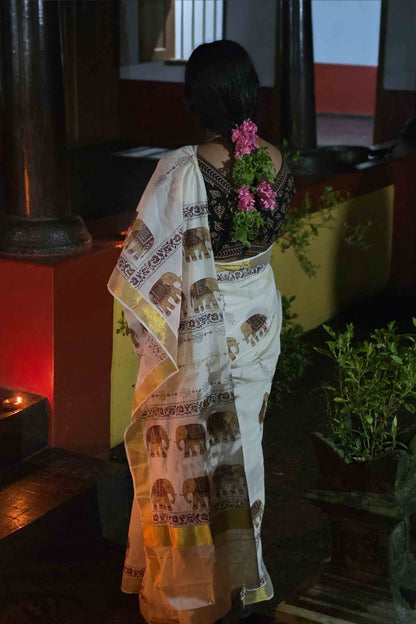 Offwhite Saree with Elephant Print