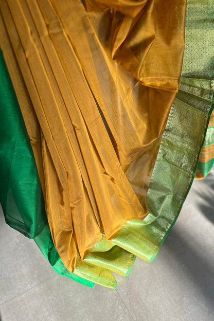 Maheshwari Silk Green & Yellow Saree Jari Temlpe Border