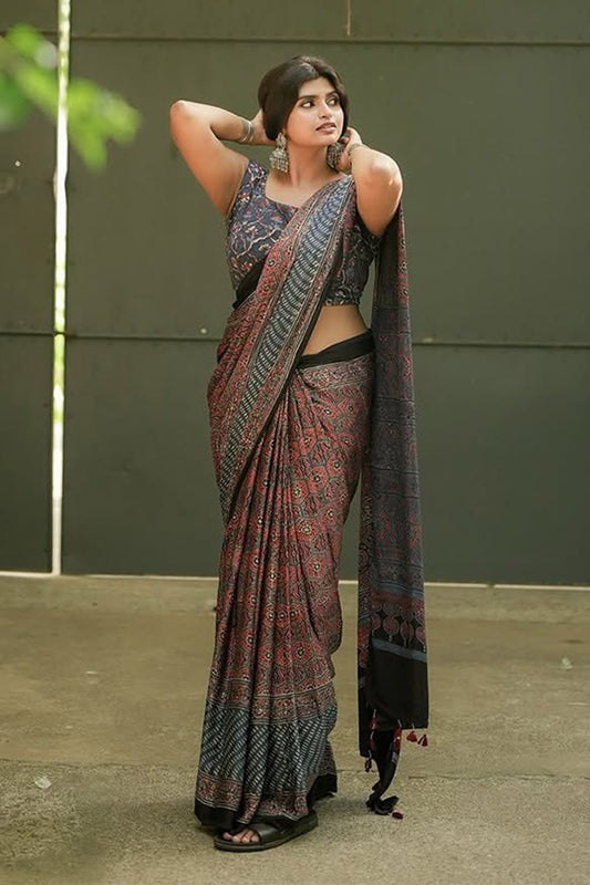 Ajrakh Hand Block Print Saree