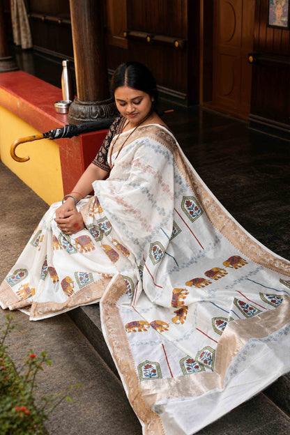 Offwhite Antique Border Saree with Print