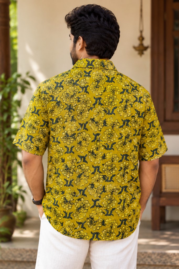 Yellow Base Leaf Like Print Modal Silk Shirt