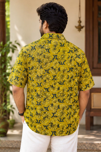 Yellow Base Leaf Like Print Modal Silk Shirt