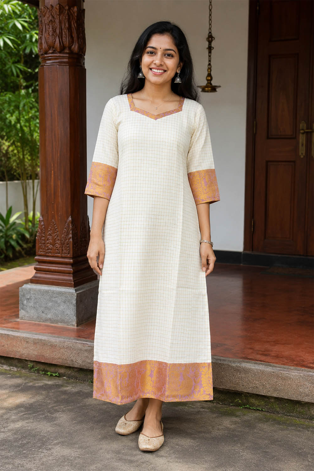 Offwhite Check Kurti with Pink Neck Border