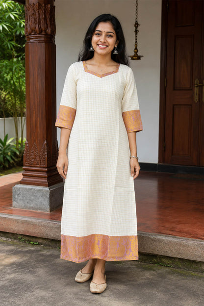 Offwhite Check Kurti with Pink Neck Border