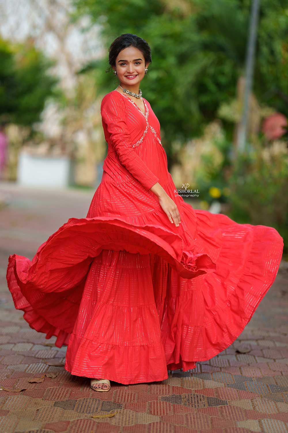 Red Tiered Dress with Zari Stripes