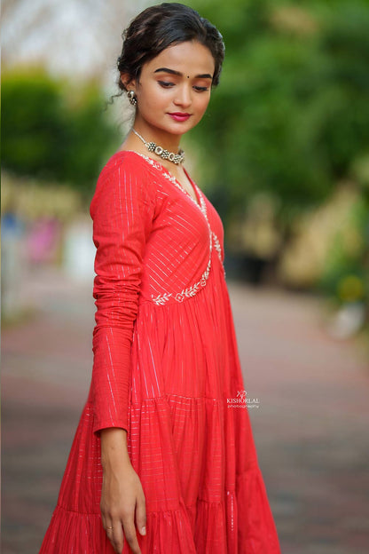 Red Tiered Dress with Zari Stripes