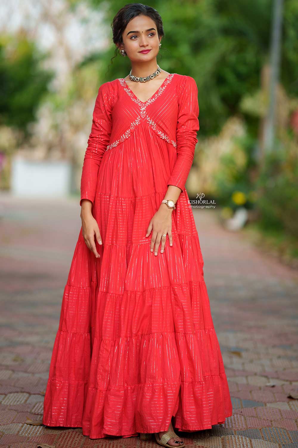 Red Tiered Dress with Zari Stripes