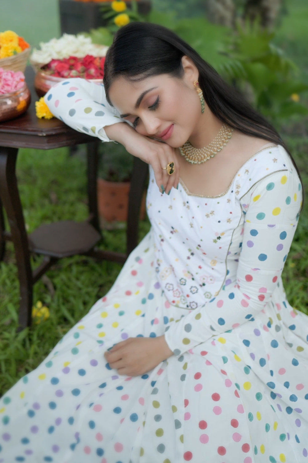 Off-White Anarkali with Polka Dots