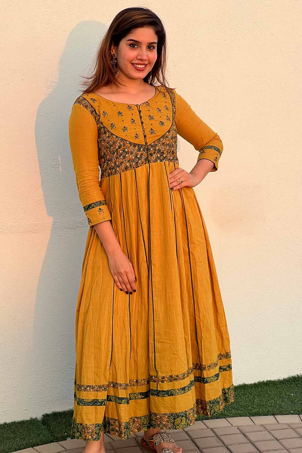 Yellow Ajrakh Anarkali with Embroidered Yoke