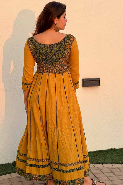 Yellow Ajrakh Anarkali with Embroidered Yoke