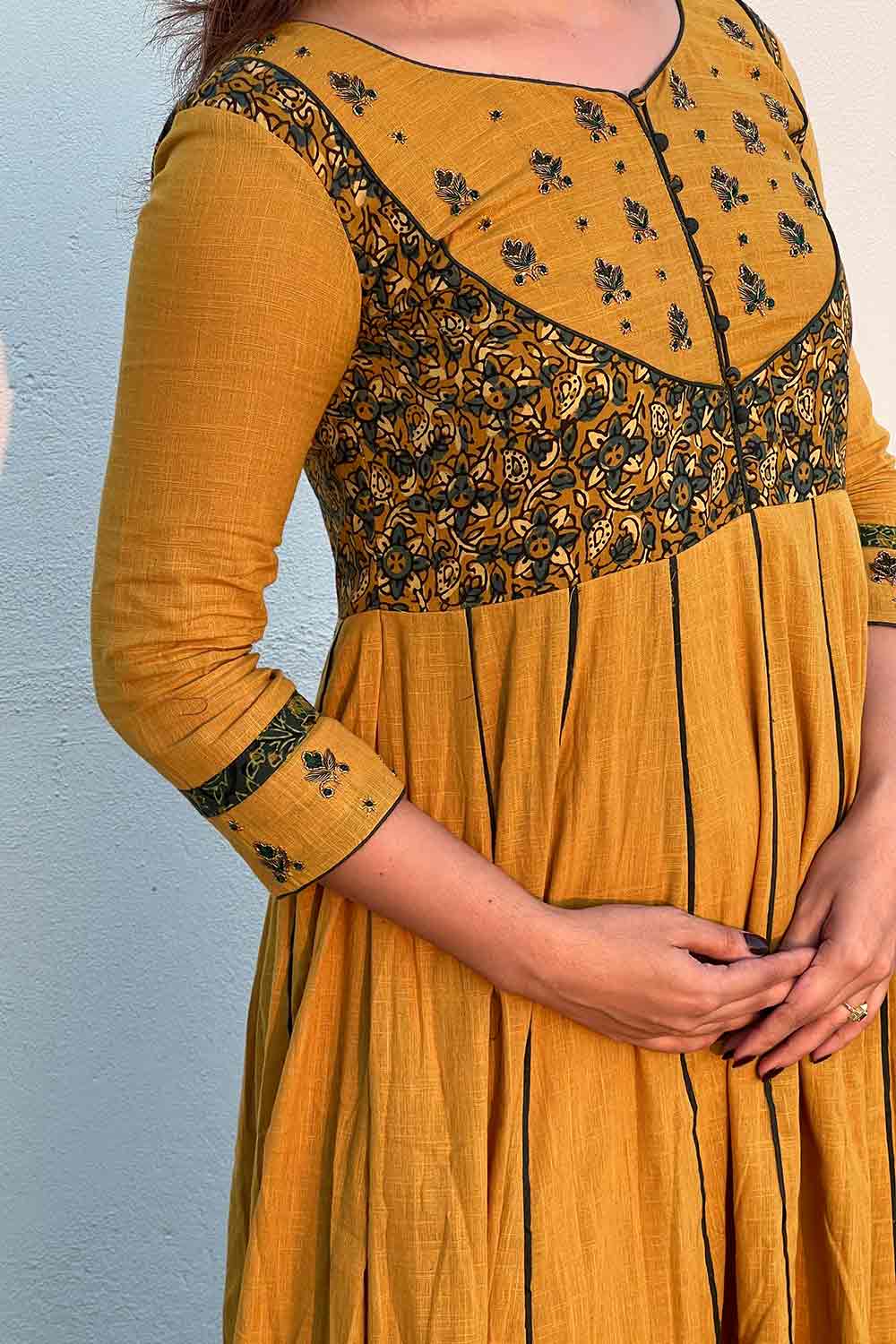 Yellow Ajrakh Anarkali with Embroidered Yoke