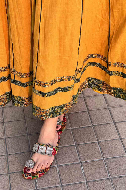 Yellow Ajrakh Anarkali with Embroidered Yoke