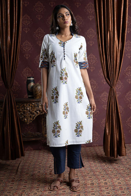 Mughal Printed Kurti With Ikat Collar And Cuff