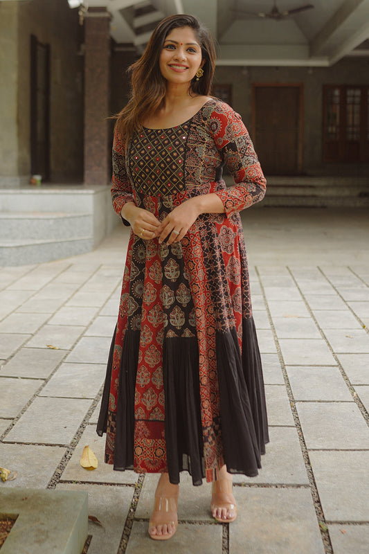 Black & Red Anarkali Patched Pleated Flare