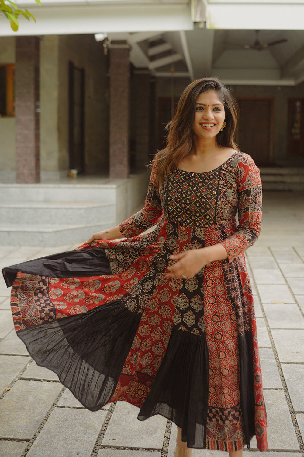 Black & Red Anarkali Patched Pleated Flare