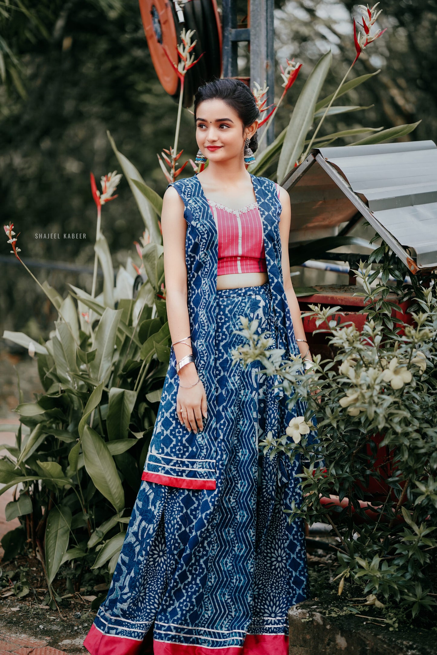 Indigo Multi Panel Shrug & Skirt with Pink Zari Blouse