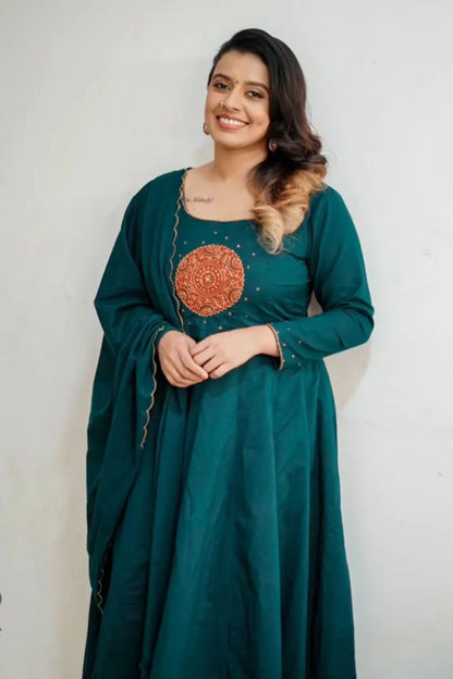 Peacock Green Mul Cotton Panel Anarkali