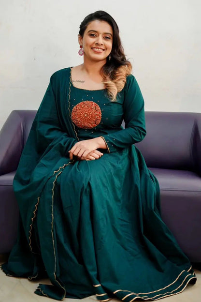 peacock green anarkali dress Peacock Green Embroidered Silk Slub Anarkali Suit